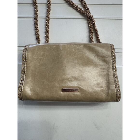 Rebecca Minkoff Tan Studded Bow Crossbody Purse Handbag Metallic Snake Chain - Picture 4 of 9